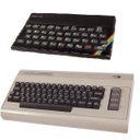 Sinc_COM.jpg<>Slika 49. Hišna računalnika: Sinclairjev Spectrum ima veliko zaslug za razvoj osebnega računalništva v naših krajih in Commodore 64, ki je bil največji Spectrumov tekmec.